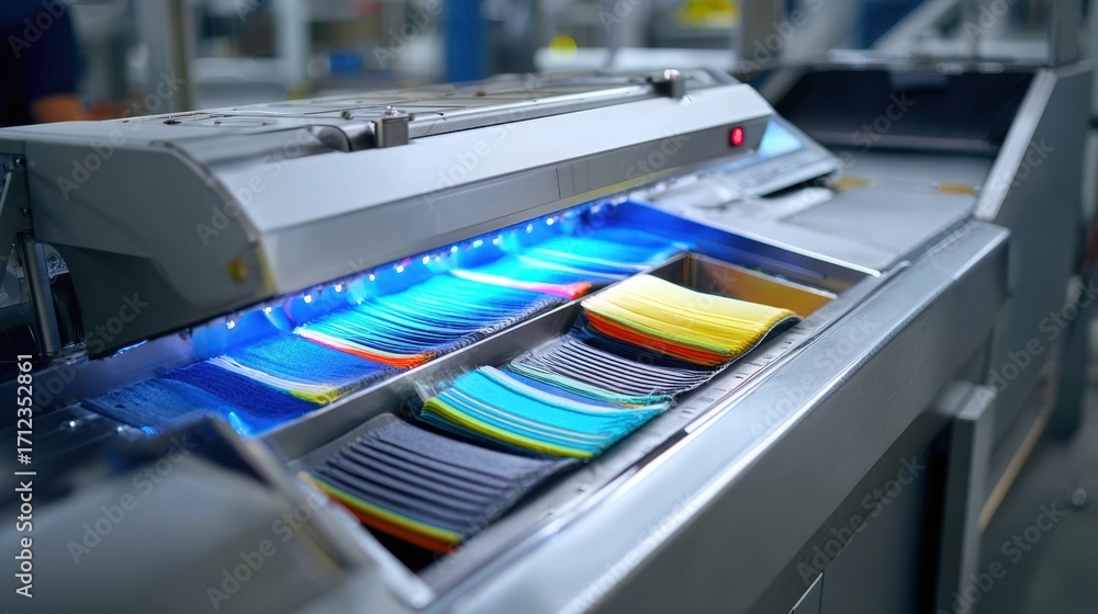 Poster medium shot of aidriven machinery scanning various fabric samples on a conveyor belt for automated m