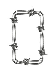 Barbed wire forms a bold rectangular frame, showcasing a punk rock vibe. The noisy and grainy texture adds an edgy atmosphere, enhancing the metal elements.