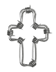 Punk rock design featuring military style barbed wire arranged in the shape of a cross with noise and grain effects included for dramatic emphasis.
