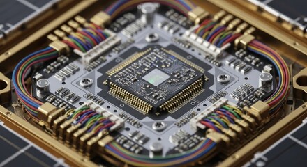 Close-up view of a quantum computing chip with intricate wiring and connections.