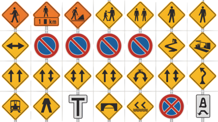 Essential traffic and warning signs collection for road safety, construction, and guidance