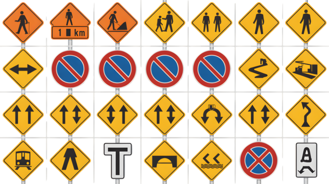 Essential traffic and warning signs collection for road safety, construction, and guidance - Powered by Adobe