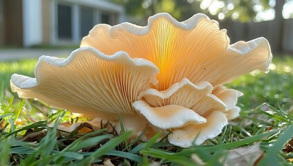 Wild oyster mushroom growing on grass in natural sunlight, displaying delicate gills and ruffled edges in warm golden hues against green lawn background.