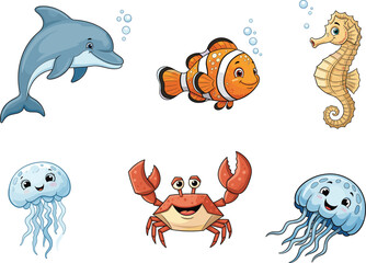 Cartoon marine animals vector set with dolphin, clownfish, jellyfish, crab, seahorse, ocean bubbles, cute underwater sea life illustration