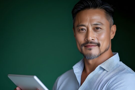 Confident Asian businessman in his 40s with stylish grey hair and beard holding digital tablet against dark green background, professional corporate portrait. - Powered by Adobe