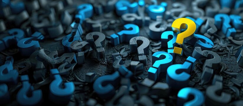 A dense field of blue question marks, with a single, prominent yellow question mark standing out.  The image evokes a sense of uncertainty and the search for answers