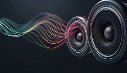 Abstract close-up of two speakers with colorful sound waves emanating from them against a dark background