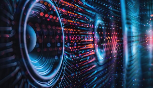 Abstract digital artwork depicting a futuristic, technological interface with glowing circles and data streams