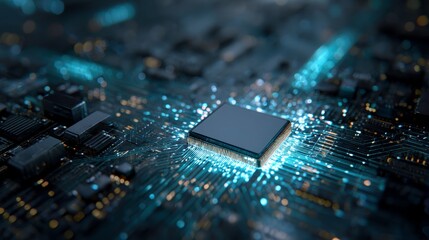 Close-Up of a Computer Chip on a Circuit Board with Glowing Lights