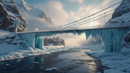 Stunning winter landscape featuring bridge covered in icicles, surrounded by snow-capped mountains and frozen river.