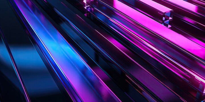 Abstract image of parallel, glossy, rectangular prisms radiating vibrant blue and purple neon light, angled diagonally across the frame, creating a dynamic and sleek visual effect