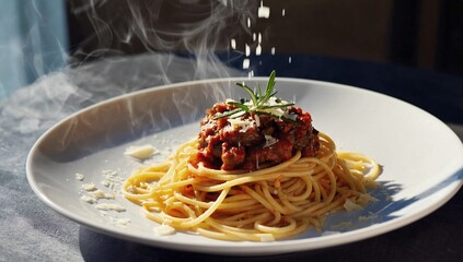 Fototapeta premium Рlate of spaghetti with meatballs, garnished with fresh herbs and grated cheese, served on white plate with steam rising, creating an appetizing and inviting presentation.