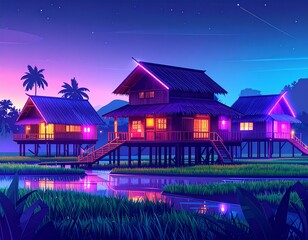 Tranquil Riverside Village under the Night Sky: A captivating landscape of traditional stilt houses, aglow with warm light. Ai generated image