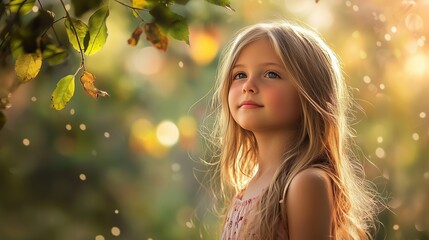 Fototapeta premium A little girl in the sun. Young girl poses in a video of nature. A field of trees in the sunlight. A young girl lifestyle in the sunlight.