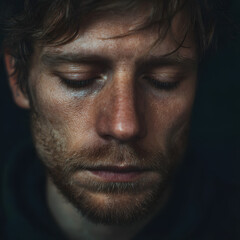 Obraz premium A close-up portrait of a man with his eyes closed, conveying a sense of deep thought or sadness