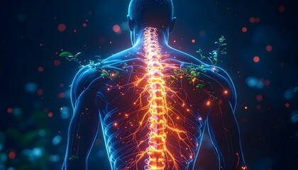 Human anatomy with vibrant glowing spine and nervous system, a stunning visualization of health and well-being, perfect for medical and wellness concepts