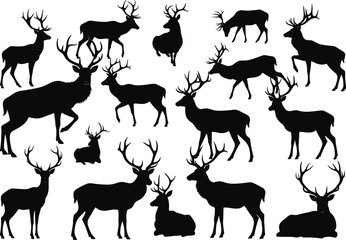 Deer silhouette vector set, wild animal poses, antler shapes, standing deer, walking deer, lying deer, forest wildlife, hunting design elements