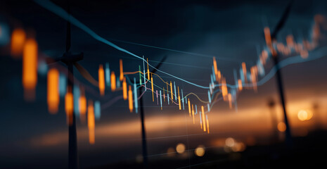 Energy Market Data: The image encapsulates the dynamic energy market, with an intricate data visualization overlaying a silhouette of wind turbines at dusk.