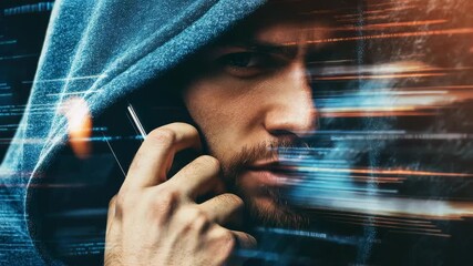 Focused man in hoodie using smartphone with digital data overlay, exploring technology and connectivity concepts - Powered by Adobe