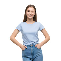 Obraz premium beautiful young woman posing with cheerful smile, hands in pocket isolated on white background
