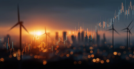 Clean Energy Horizon: The modern metropolis embraces renewable power, symbolizing sustainable growth, with a financial chart overlaying a scene of wind turbines harnessing sunset energy. 