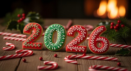 Happy new year celebration with gingerbread cookies and candy canes for christmas holiday season in two thousand twenty six