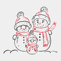 Hand drawn cheerful snowman family standing on a snowy surface. Vector sketch illustration in vintage crayon textured style. Merry Christmas greeting card design, party invitation
