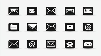 Black email vector icon set isolated on white background, flat communication symbols collection for web design, mobile app interface, messaging, inbox, and digital mail illustration