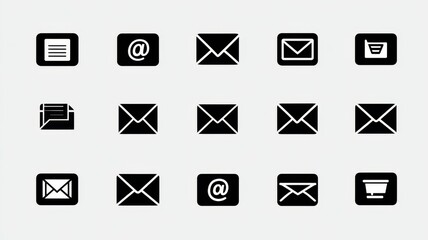 Black email vector icon set isolated on white background, flat communication symbols collection for web design, mobile app interface, messaging, inbox, and digital mail illustration