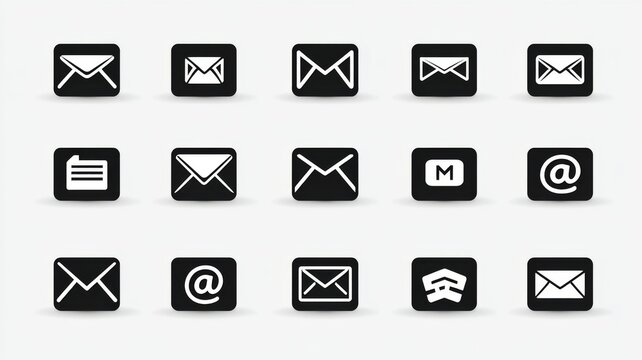 Black email vector icon set isolated on white background, flat communication symbols collection for web design, mobile app interface, messaging, inbox, and digital mail illustration