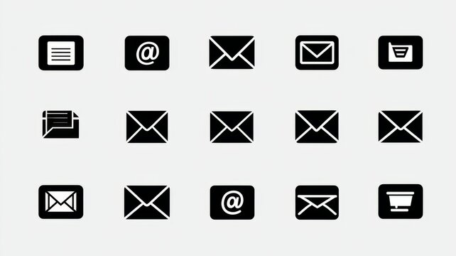 Black email vector icon set isolated on white background, flat communication symbols collection for web design, mobile app interface, messaging, inbox, and digital mail illustration