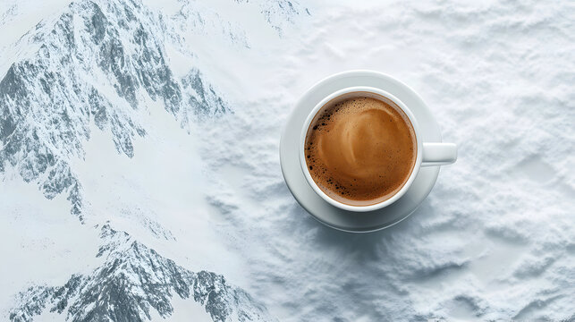 Hot Coffee Cup on a Snowy Mountain Landscape, Top View. Cozy Winter Break Concept. Wallpaper with Copy Space.