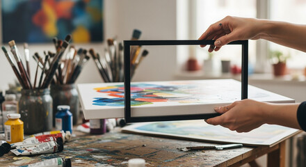 Obraz premium Artist's hands framing colorful abstract painting with brushes and paints on table artistic studio ambiance