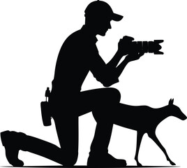 Black silhouette of a young photographer with his pet vector illustration isolated on a white background