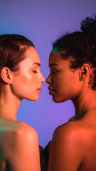 Two women, faces close, nude torsos, vibrant colored background