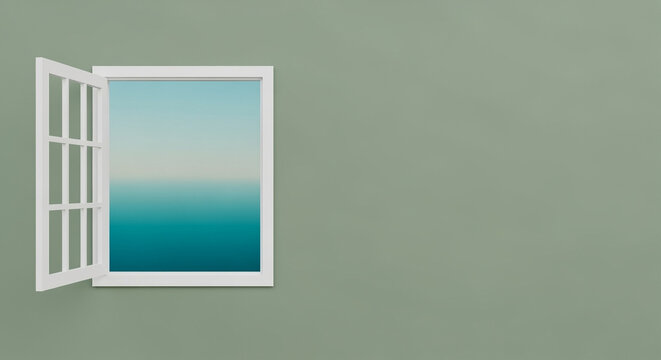 Fototapeta Open window reveals tranquil blue ocean and sky view minimalist interior design serene atmosphere natural light
