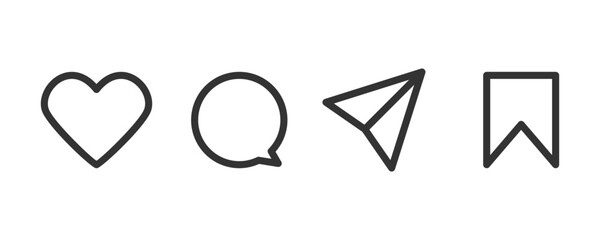 Set of icons like comment, share, save, like media button. Outline icon heart arrow direct message interface