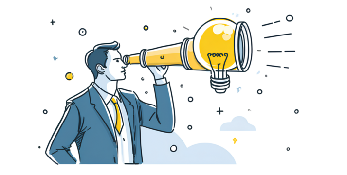 businessman looking through a telescope with a light bulb icon vector illustration on a white background
