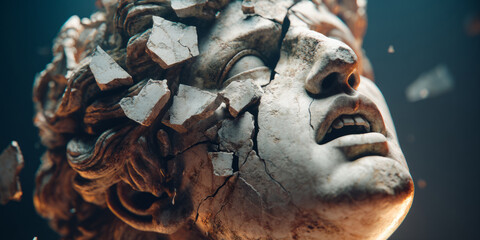 Dramatic marble sculpture of a classical figure bursting apart with flying stone fragments, symbolizing energy, motion, and transformation.