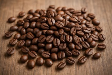 Obraz premium A close-up, low-angle shot of a pile of roasted coffee beans scattered on a textured wooden surface, highlighting their rich brown color and glossy texture. The background is softly blurred.
