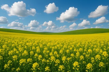 Obraz premium A breathtaking landscape featuring a vibrant yellow field of canola flowers under a clear blue sky dotted with fluffy white clouds, with rolling green hills in the distance.