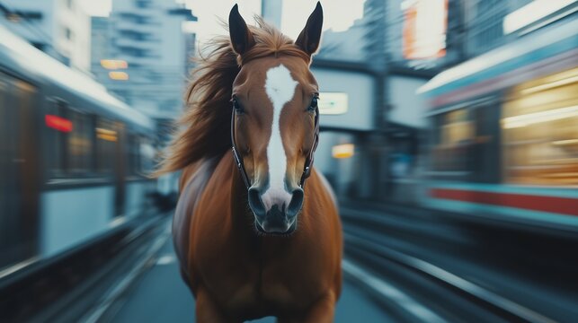 Horse running on train. Mustang in a video from tokyo. Urban transport landscape with a railway. A horse galloping on lifestyle a railway.