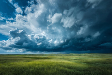 Obraz premium Dramatic Prairie Landscape with Approaching Storm Cloud Formation above open field