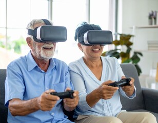 An elderly couple doing VR gaming in their living room, natural lighting, candid photo style.