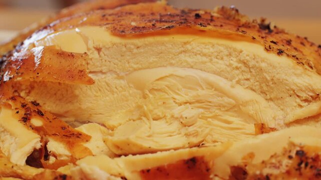 Full roasted grilled chicken meat in a frying pan with potatoes, cooked food, delicious crust, sause pouring. 
