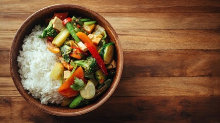 Fresh Vegetable Stir Fry with Rice in Wooden Bowl on Rustic Table