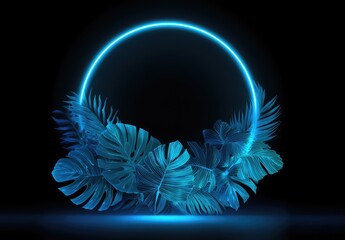 Glowing Neon Circle with Tropical Leaves on Black Background.