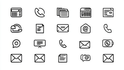Modern flat vector illustration of contact information icon set in line and solid style, including phone, email, message, fax, address, location pin, website, and name symbols for business card, web d