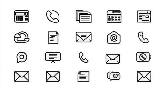 Modern flat vector illustration of contact information icon set in line and solid style, including phone, email, message, fax, address, location pin, website, and name symbols for business card, web d