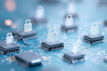 Cybersecurity concept with glowing padlocks on microchips.